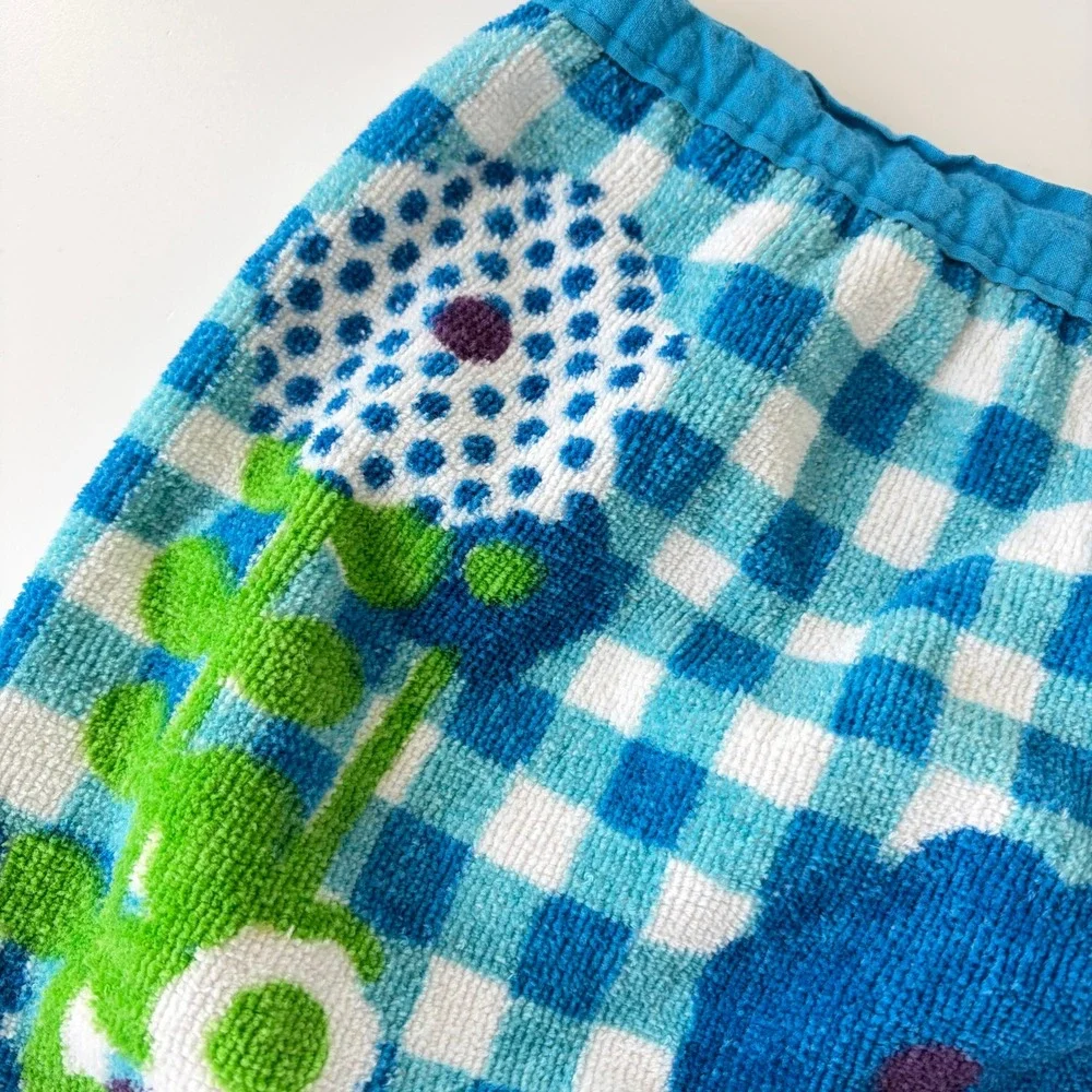 Vintage Royal Terry of California Blue Gingham Mod Floral Terry Cloth Half Apron